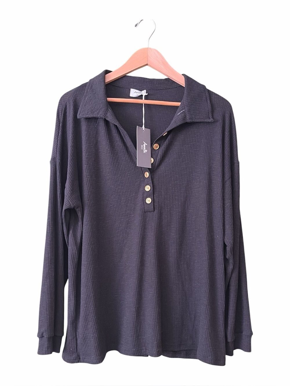 NWT Amalli Talli Waffle Knit Loose Henley Long Sleeve Top Blouse Gold Buttons XL